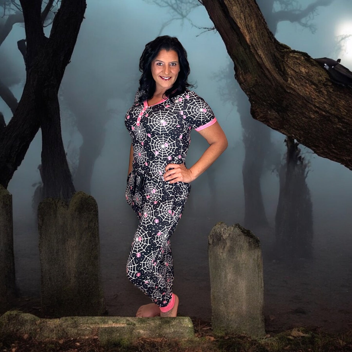 Shirley & Stone Halloween spiderweb jogger pajama set