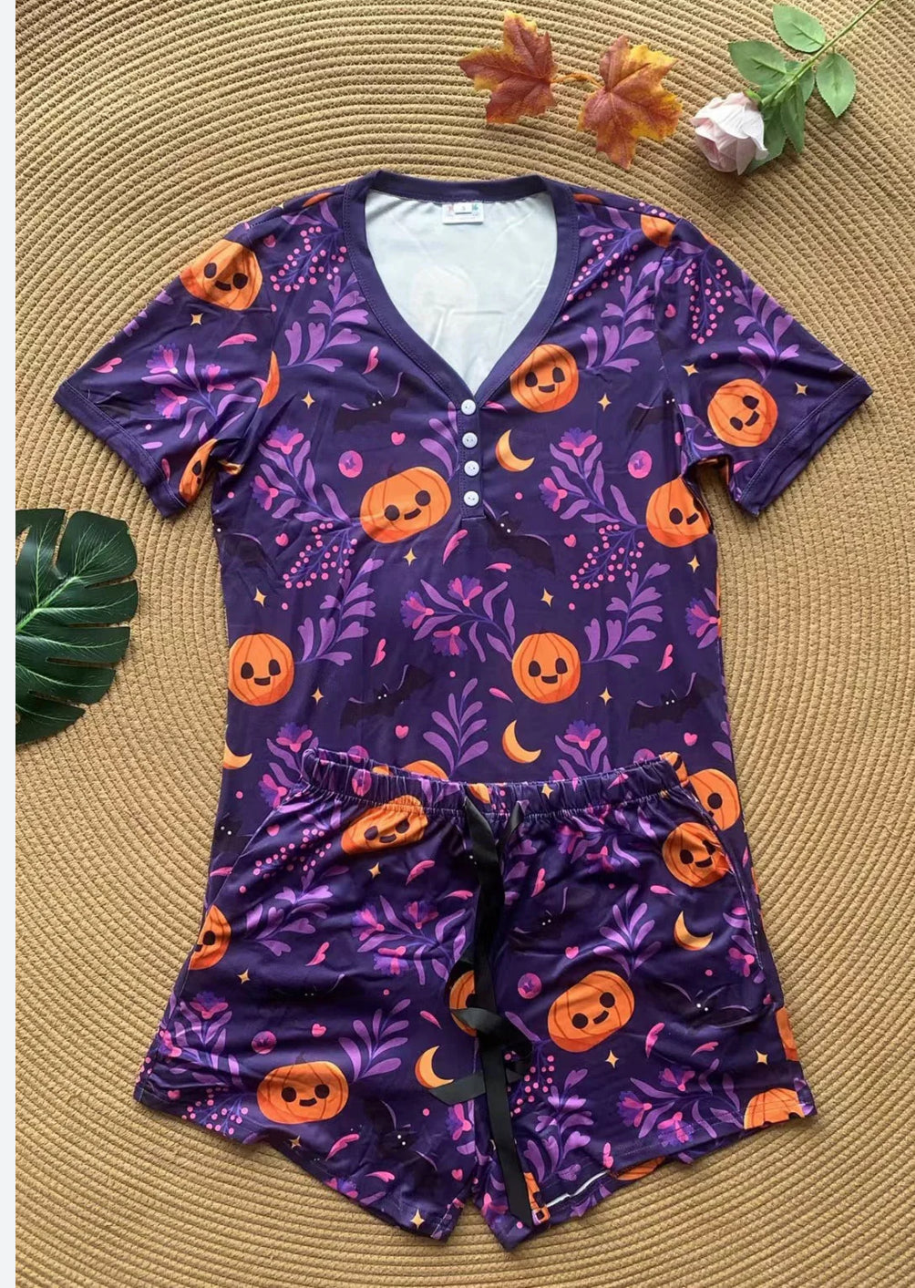 Shirley & Stone Purple Pumpkin Short Pajama Set for Women - Loungewear and Nightwear