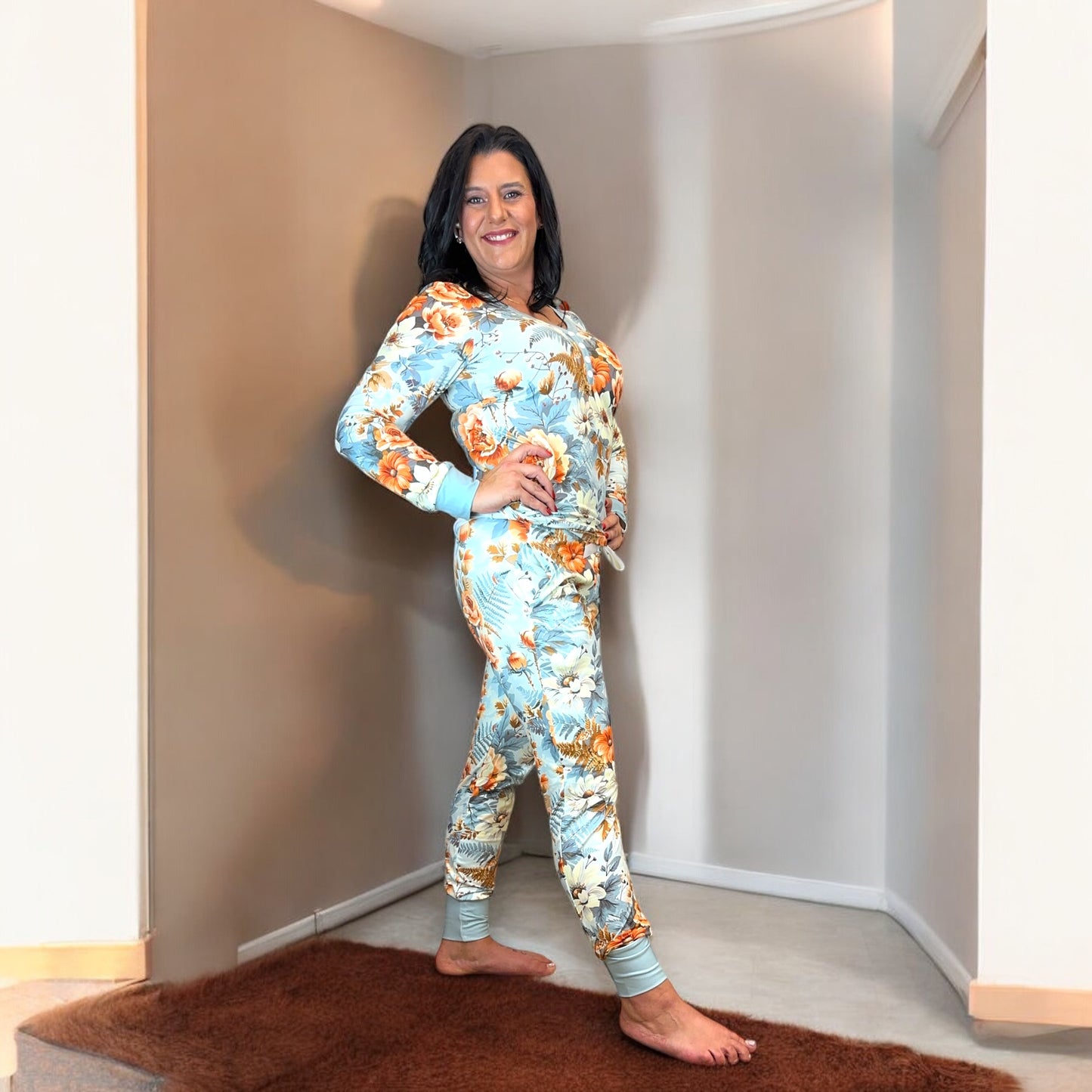 Shirley & Stone Fall Boho Floral Blue Lounge Pajama Set for Women - Nightwear, Loungewear Pjs Comfort Womenswear Drawstring Soft Lightweight Stretchy