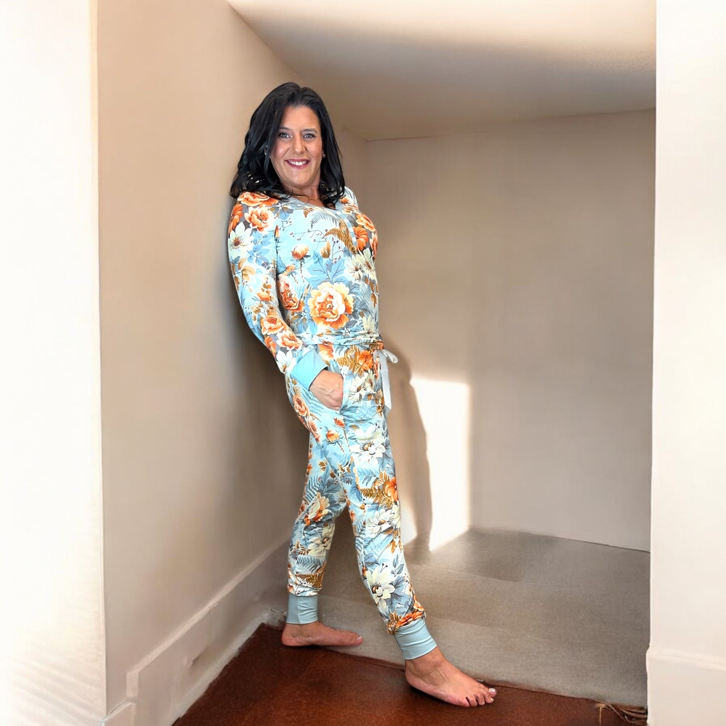 Shirley & Stone Fall Boho Floral Blue Lounge Pajama Set for Women - Nightwear, Loungewear Pjs Comfort Womenswear Drawstring Soft Lightweight Stretchy