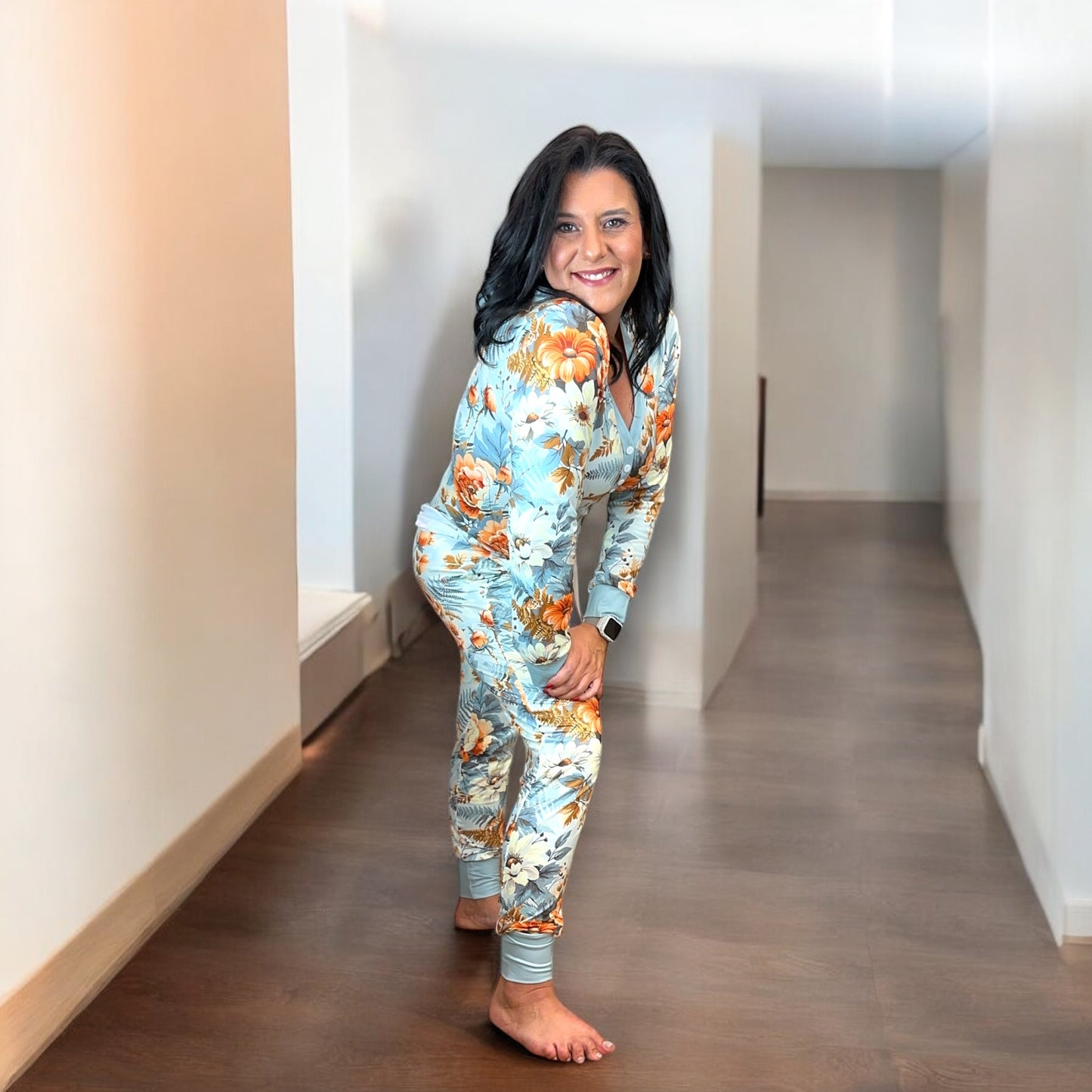 Shirley & Stone Fall Boho Floral Blue Lounge Pajama Set for Women - Nightwear, Loungewear Pjs Comfort Womenswear Drawstring Soft Lightweight Stretchy