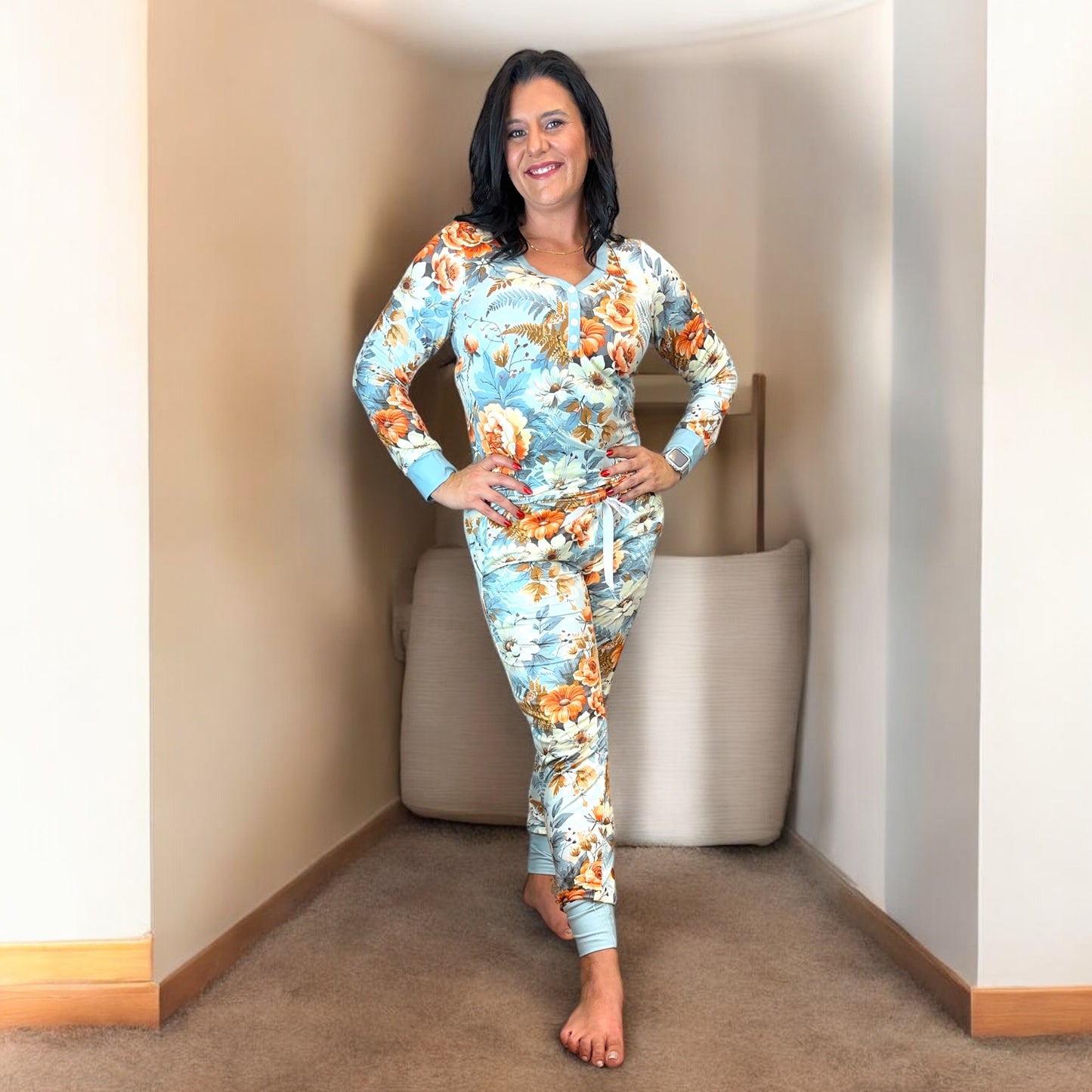 Shirley & Stone Fall Boho Floral Blue Lounge Pajama Set for Women - Nightwear, Loungewear Pjs Comfort Womenswear Drawstring Soft Lightweight Stretchy