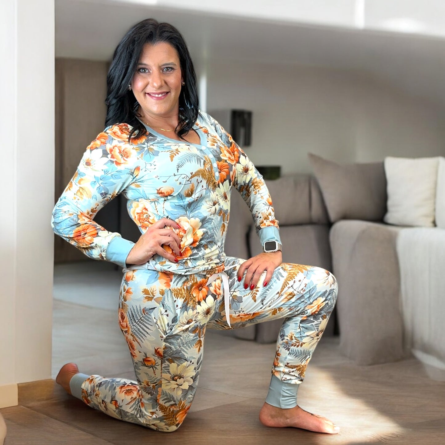 Shirley & Stone Fall Boho Floral Blue Lounge Pajama Set for Women - Nightwear, Loungewear Pjs Comfort Womenswear Drawstring Soft Lightweight Stretchy