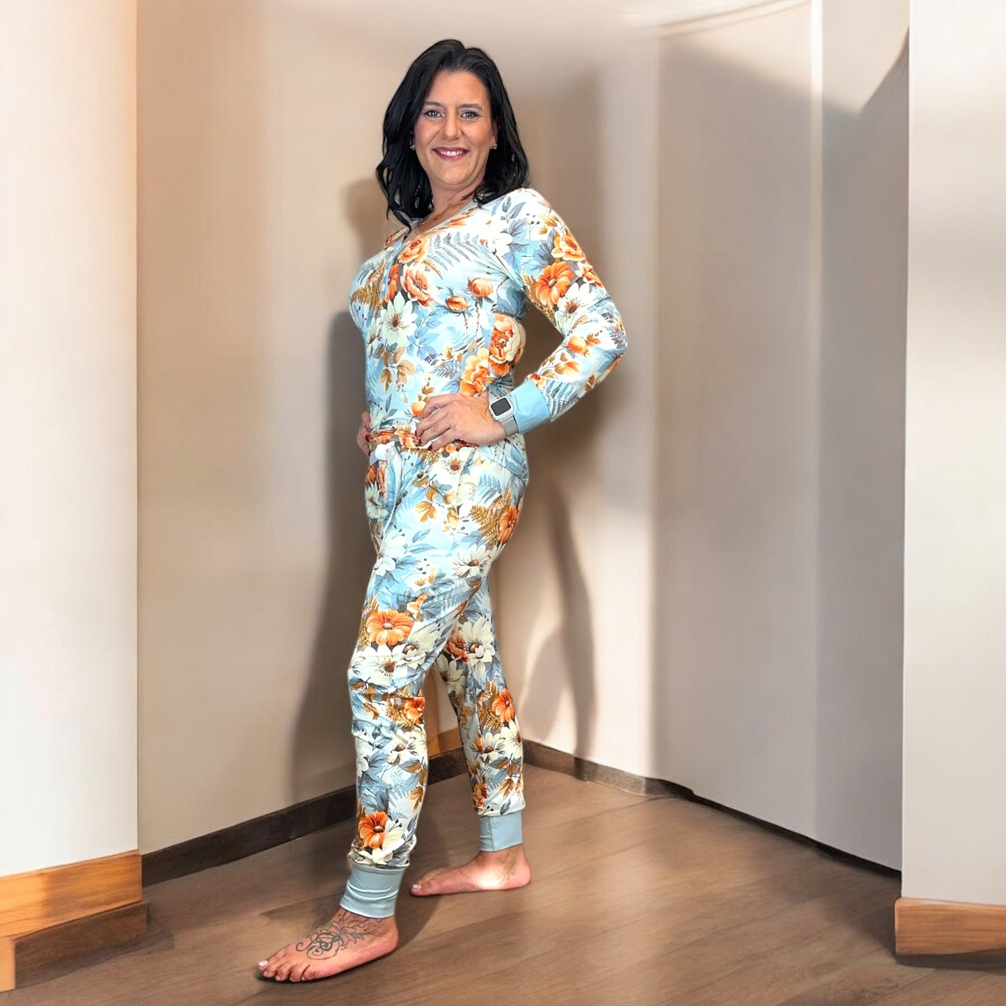 Shirley & Stone Fall Boho Floral Blue Lounge Pajama Set for Women - Nightwear, Loungewear Pjs Comfort Womenswear Drawstring Soft Lightweight Stretchy