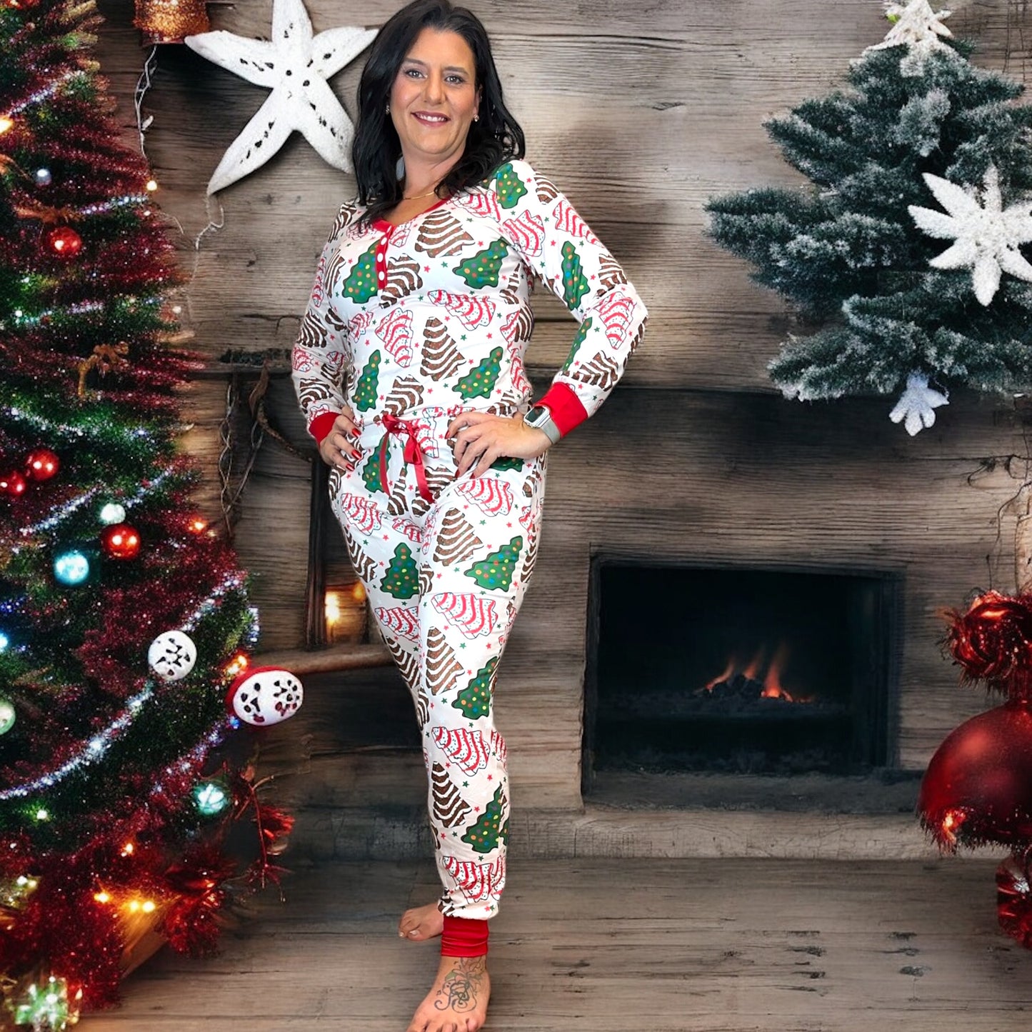 Shirley & Stone jogger lounge pajama set Christmas cake trees