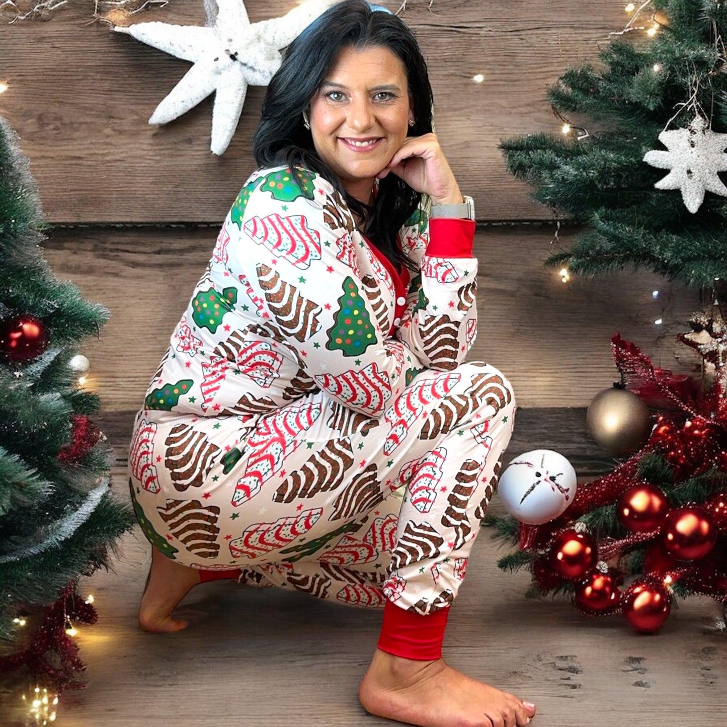 Shirley & Stone jogger lounge pajama set Christmas cake trees