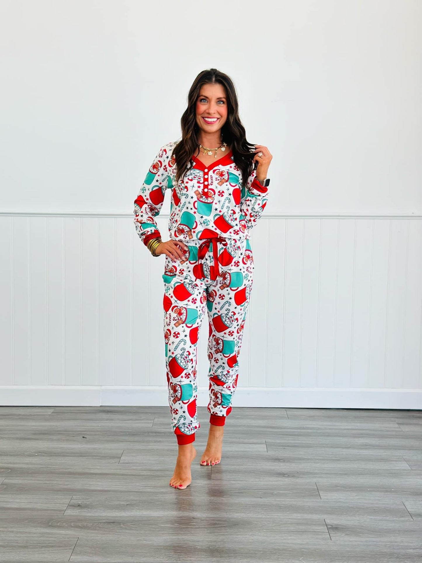 Shirley & Stone jogger lounge pajama set Christmas hot cocoa gingerbread man