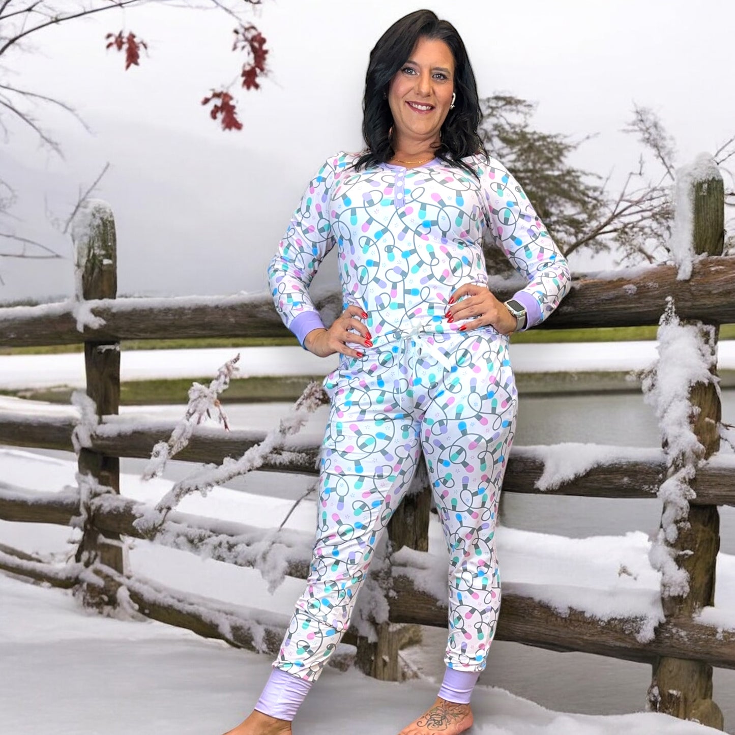 Shirley & Stone Christmas Light Bulb Jogger Lounge Pajama Set for Women - Loungewear Nightwear Womenswear Comfort